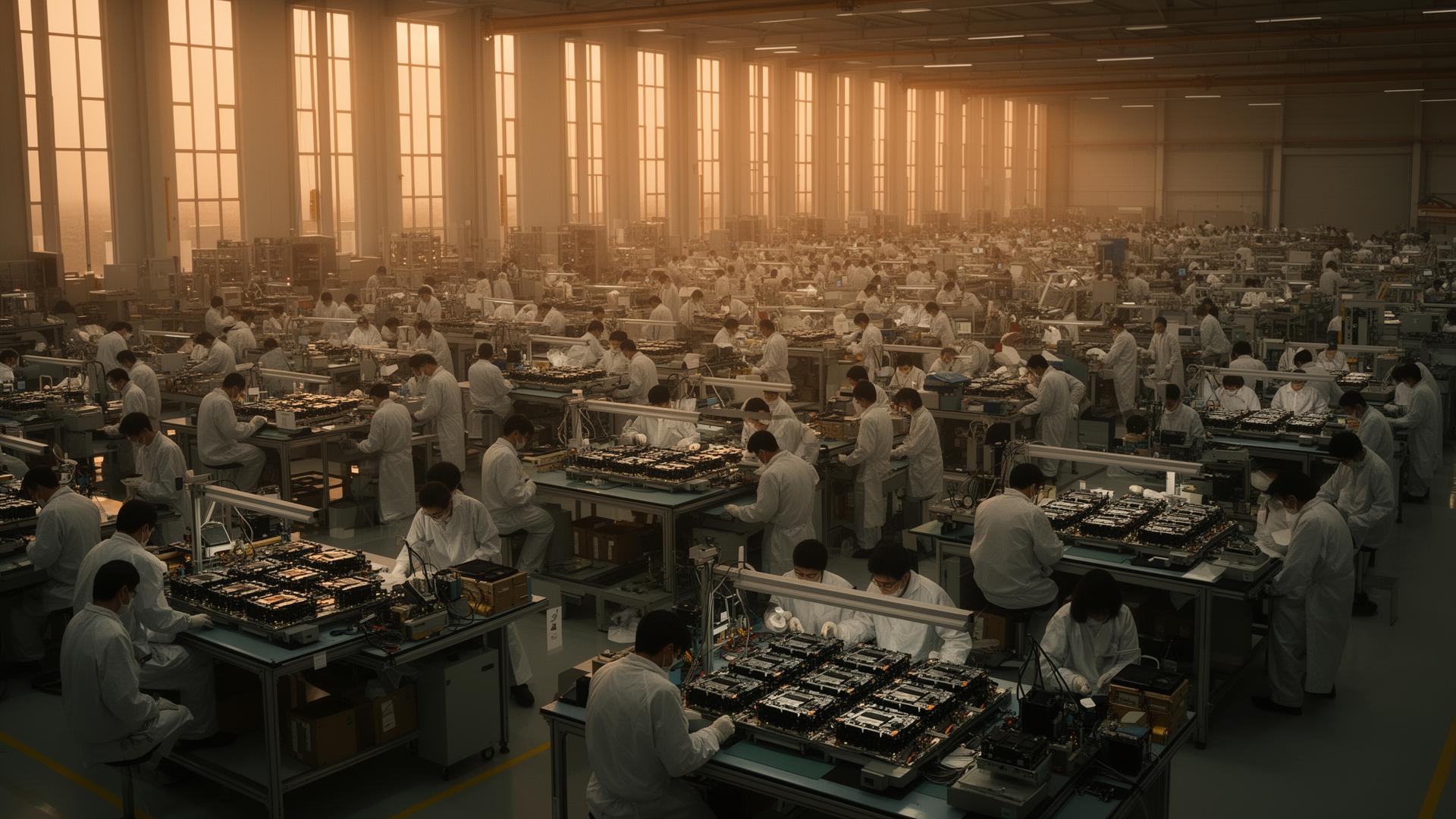 A vast factory floor of engineers and technicians assembling battery systems