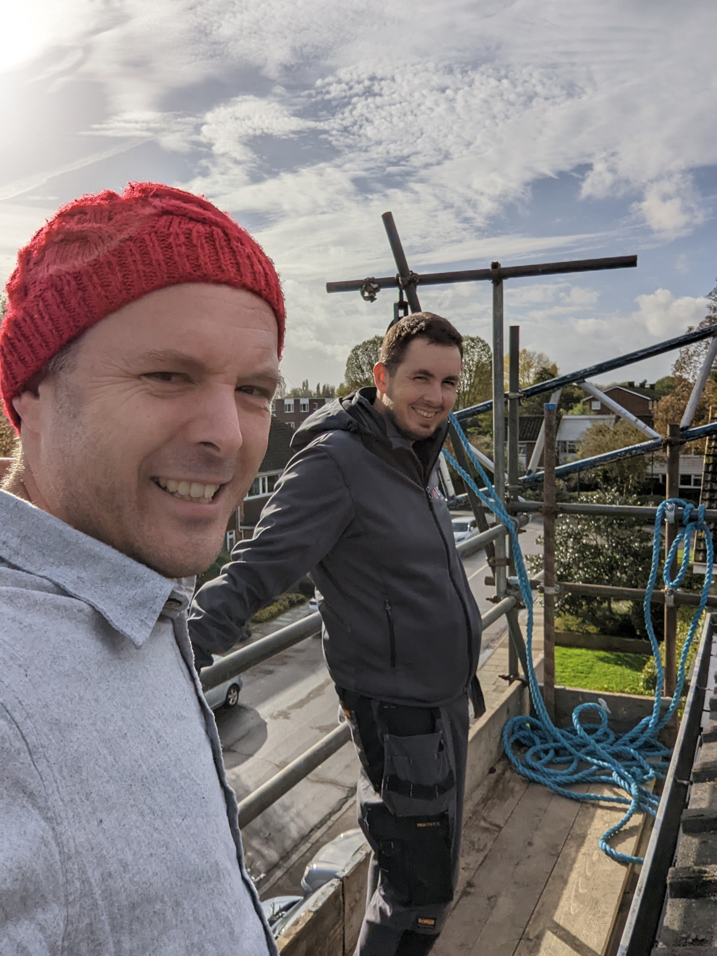 Tom (left) and Chris on scaffolding at a residential solar install in Bedfordshire.